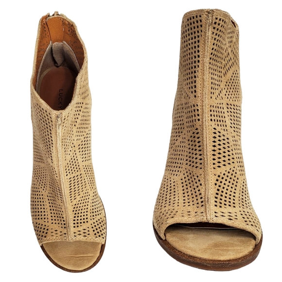 New Lucky brand vacob open toe chunky heel perforated suede ankle booties tan - Picture 7 of 13